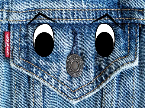 blue jeans pocket with face - POCKET by Jane Medved