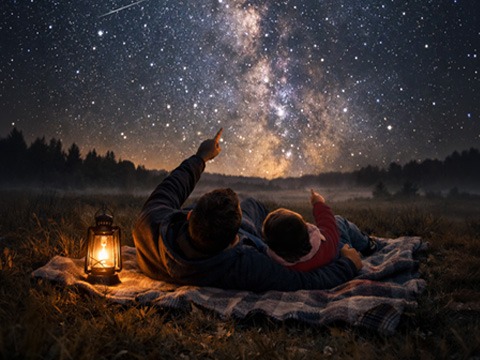 Father and son stargazing