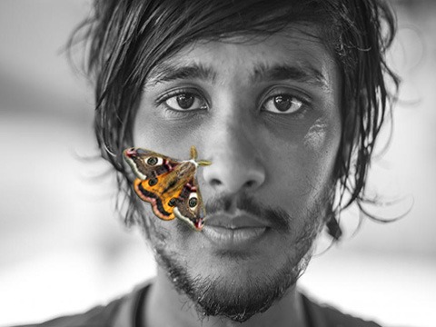A man with a moth on his face